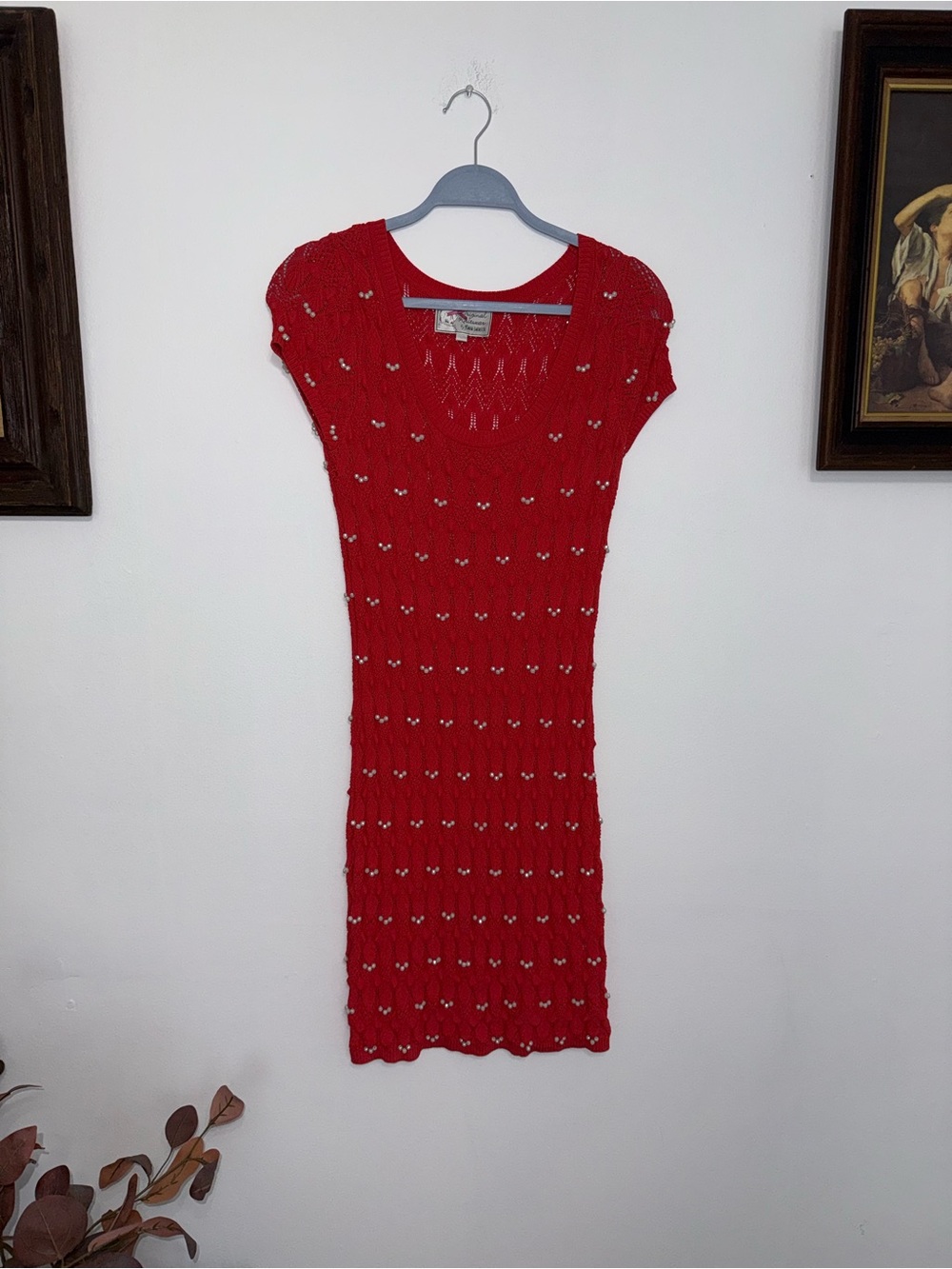 Yoana Baraschi Red Knit Midi Dress with Short Sleeves